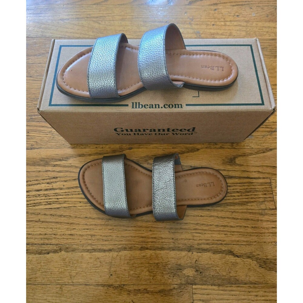 LL Bean Womens Leather Strappy Slide Sandals Silver Size 6M
